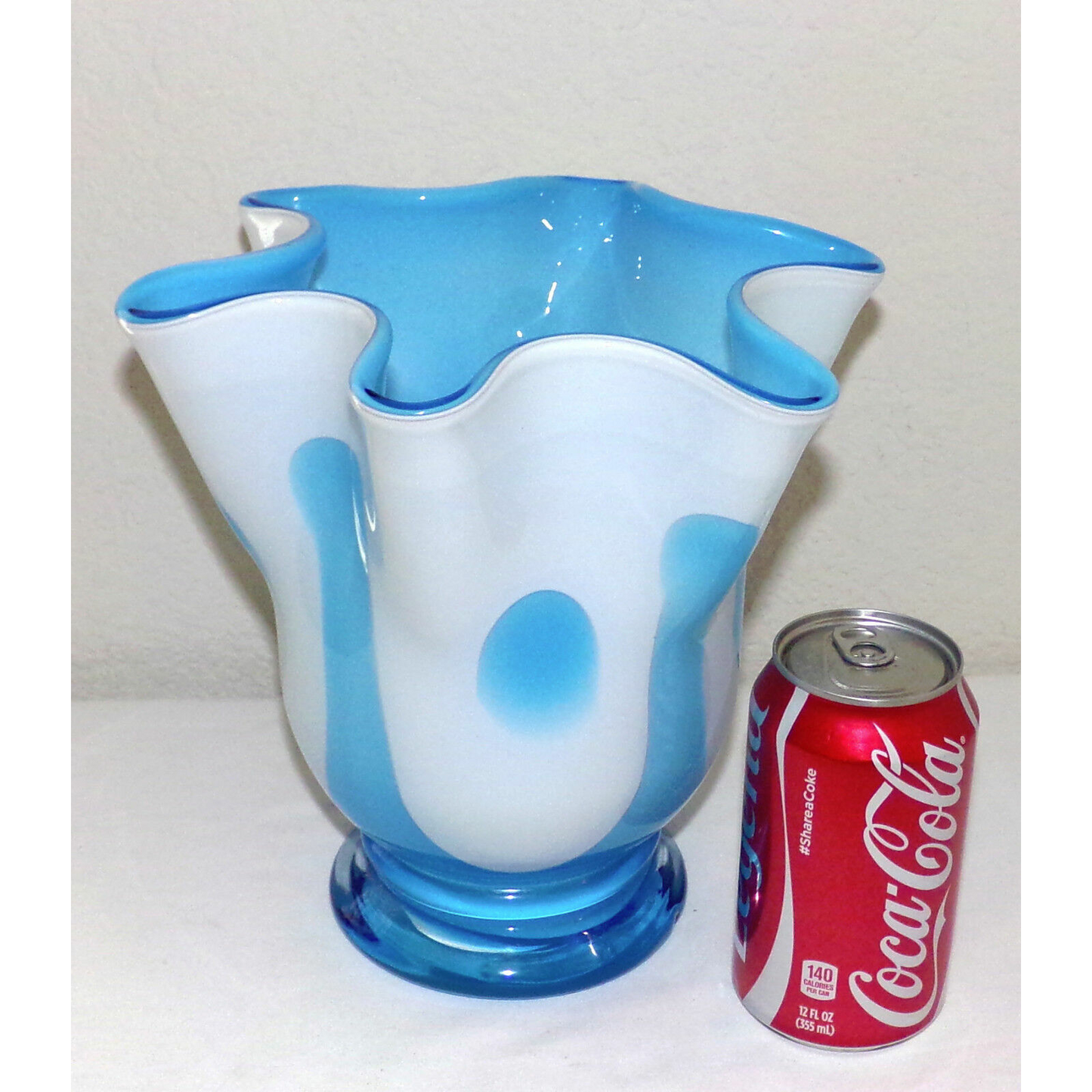 Vintage Cased Glass Handkerchief Vase Blue White Hand Blown Glass Mid Century