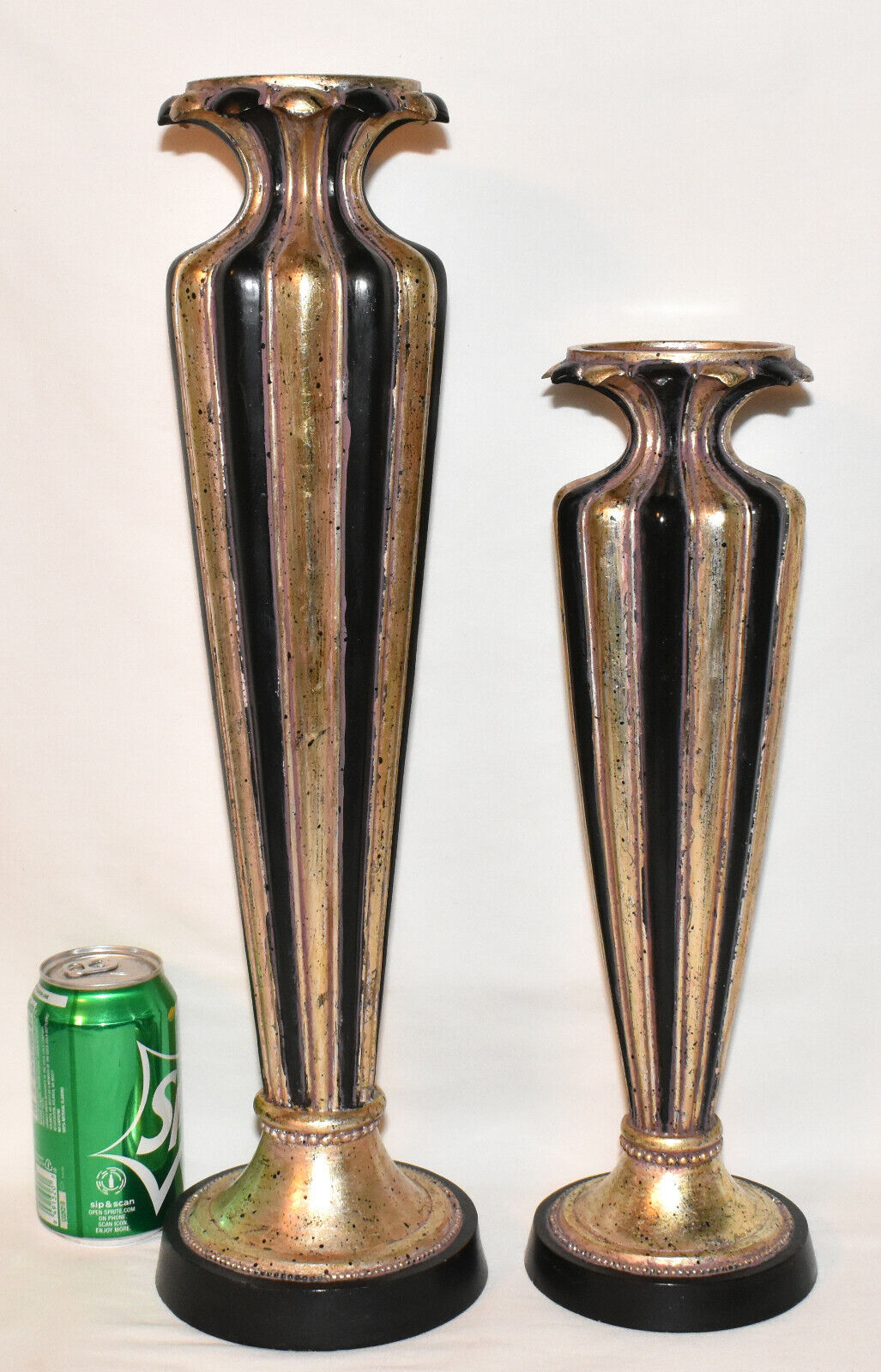 Vintage Art Deco Style Candlesticks Holders 2pc Black Gold Pillar Candle Stands 19"