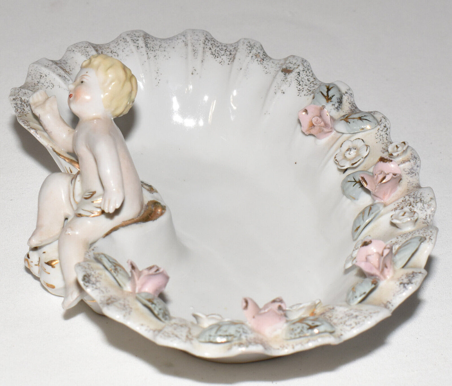 Vintage Porcelain Angel Bowl in Relief Aqua Pink Applied Flowers Gilt Trim 7.5"