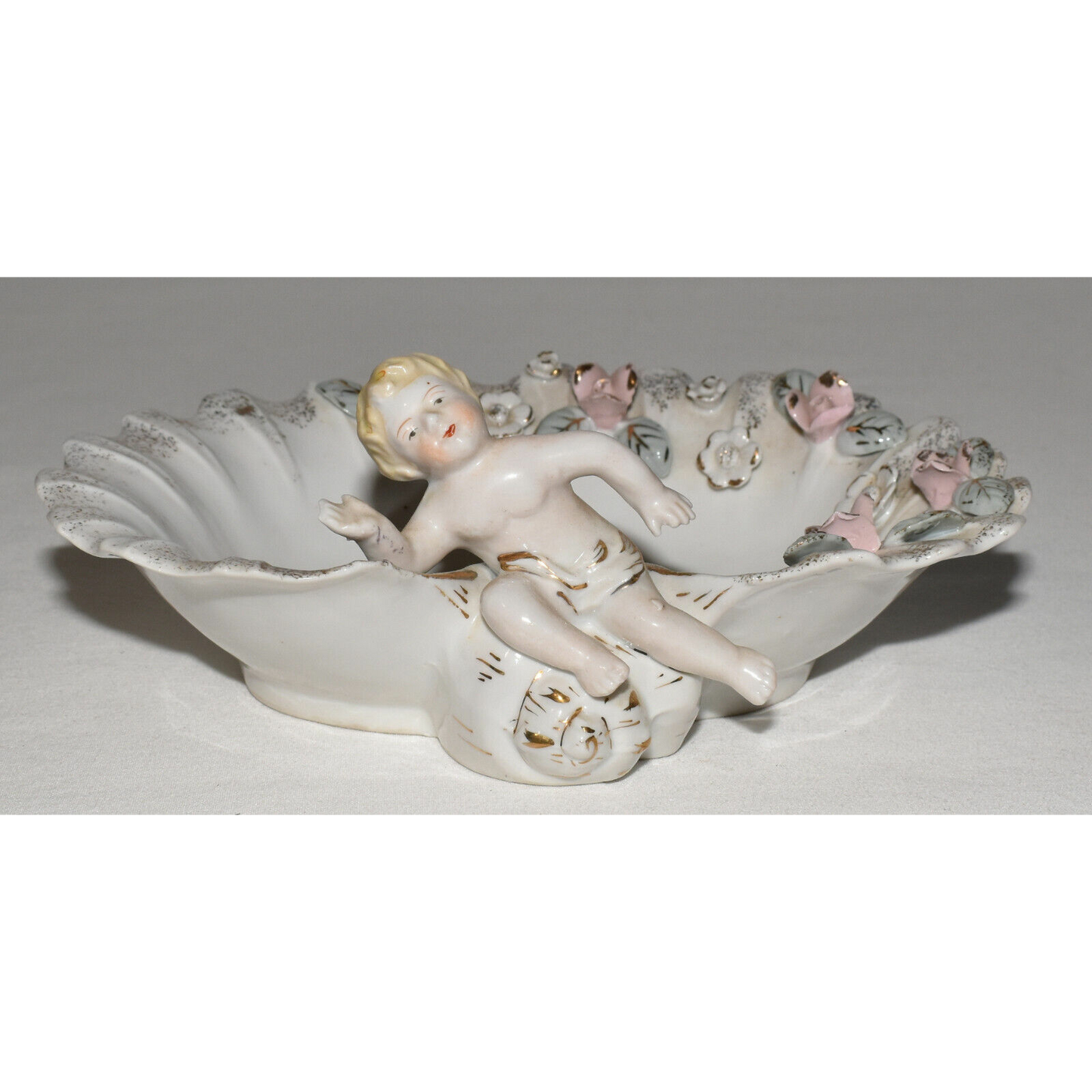 Vintage Porcelain Angel Bowl in Relief Aqua Pink Applied Flowers Gilt Trim 7.5"