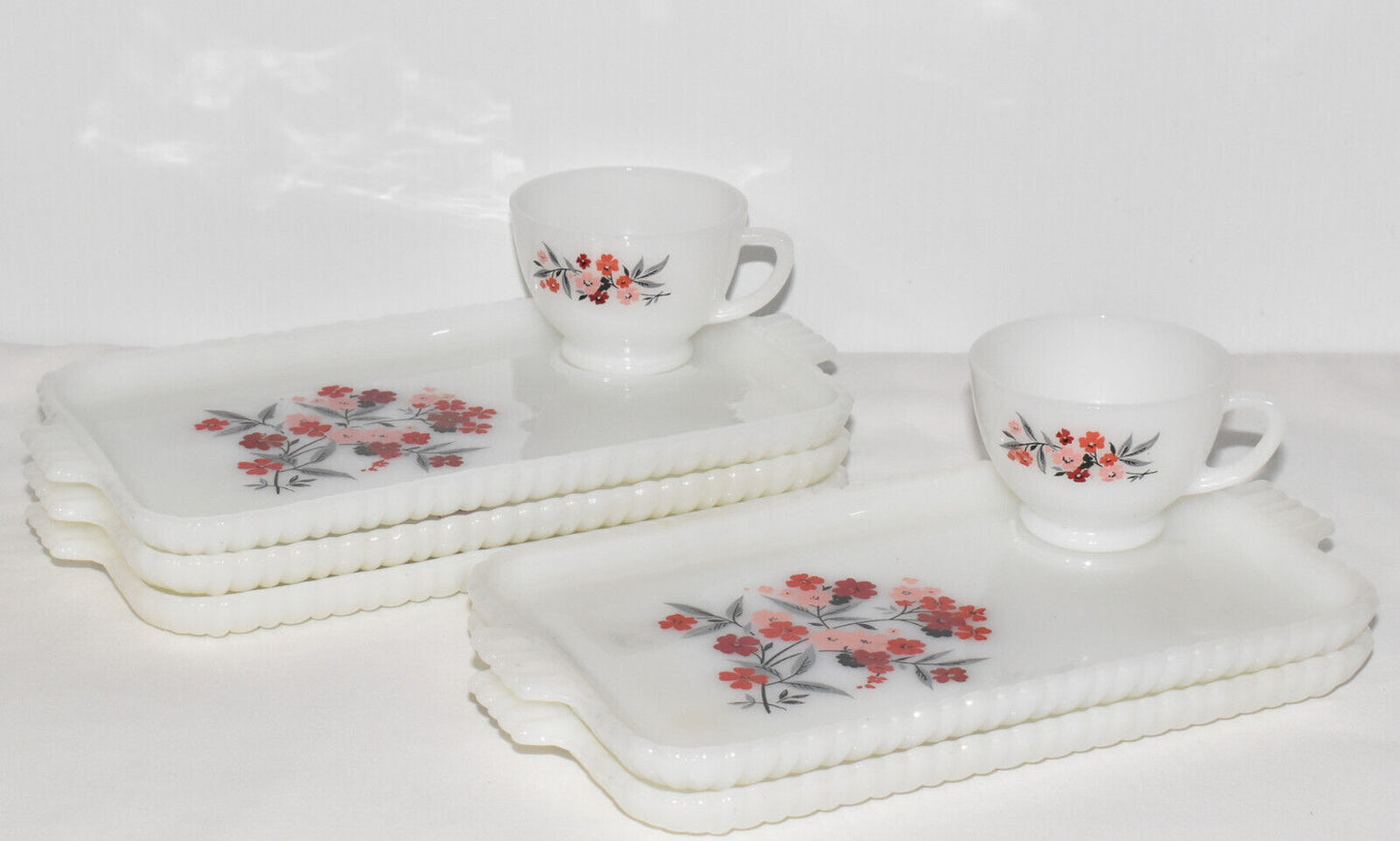 Early 1960's Fire King White Milk Glass Primrose Luncheon Trays Plates Cups 7pcs