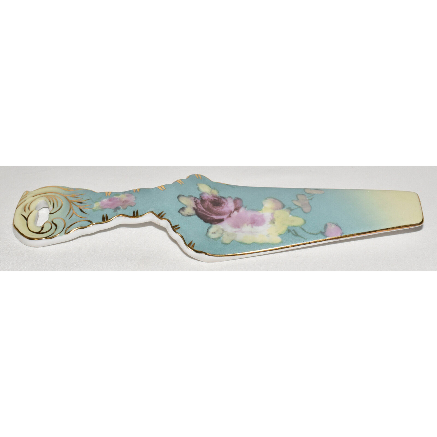 Vintage Porcelain Hand Painted Turquoise Pie Cake Server Floral Motif Gilt Trim