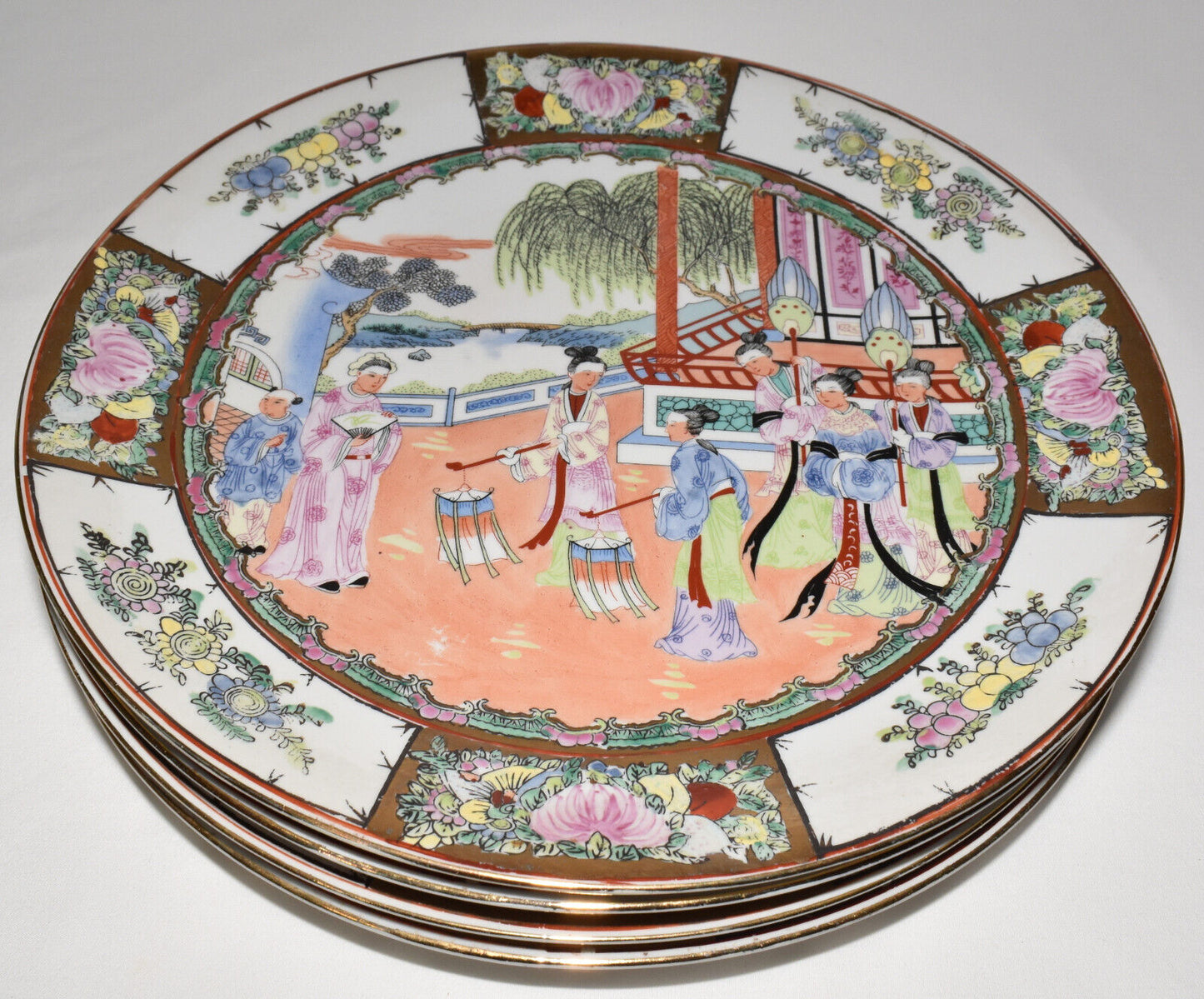 Vintage 20th Century Chinese Rose Mandarin 12" Plates Set of 4 Hand Painted Plates