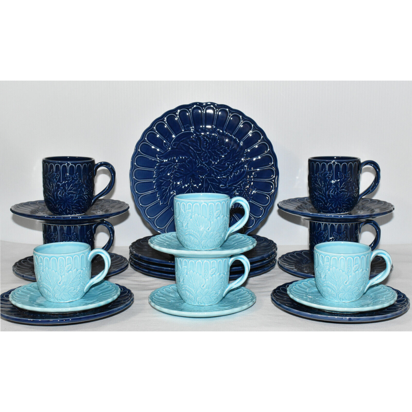 The Haldon Group Blue & Turquoise 22pc Dinnerware Set Vintage Leaf Plates & Mugs