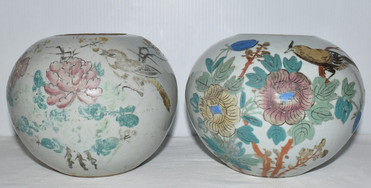 Antique Chinese Ching Dynasty Jars Pair Qing Porcelain Jars Bird & Flower Motif