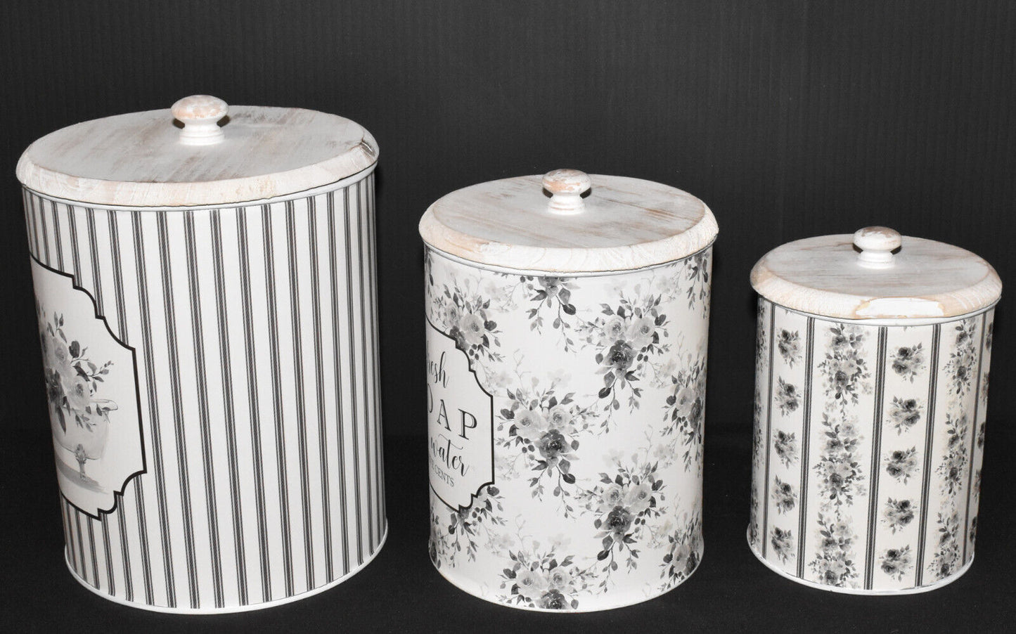 Gray White Floral & Stripe Lidded Canisters Set of 3 Metal & Wood Canisters New