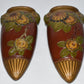 Pr Art Deco Floral Wall Pockets 8.5" Ceramic Wall Vase Brick Red w Green & Gold