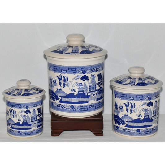 Vintage Blue Willow Transferware 3 Piece Canister Set Blue White Ceramic Canisters