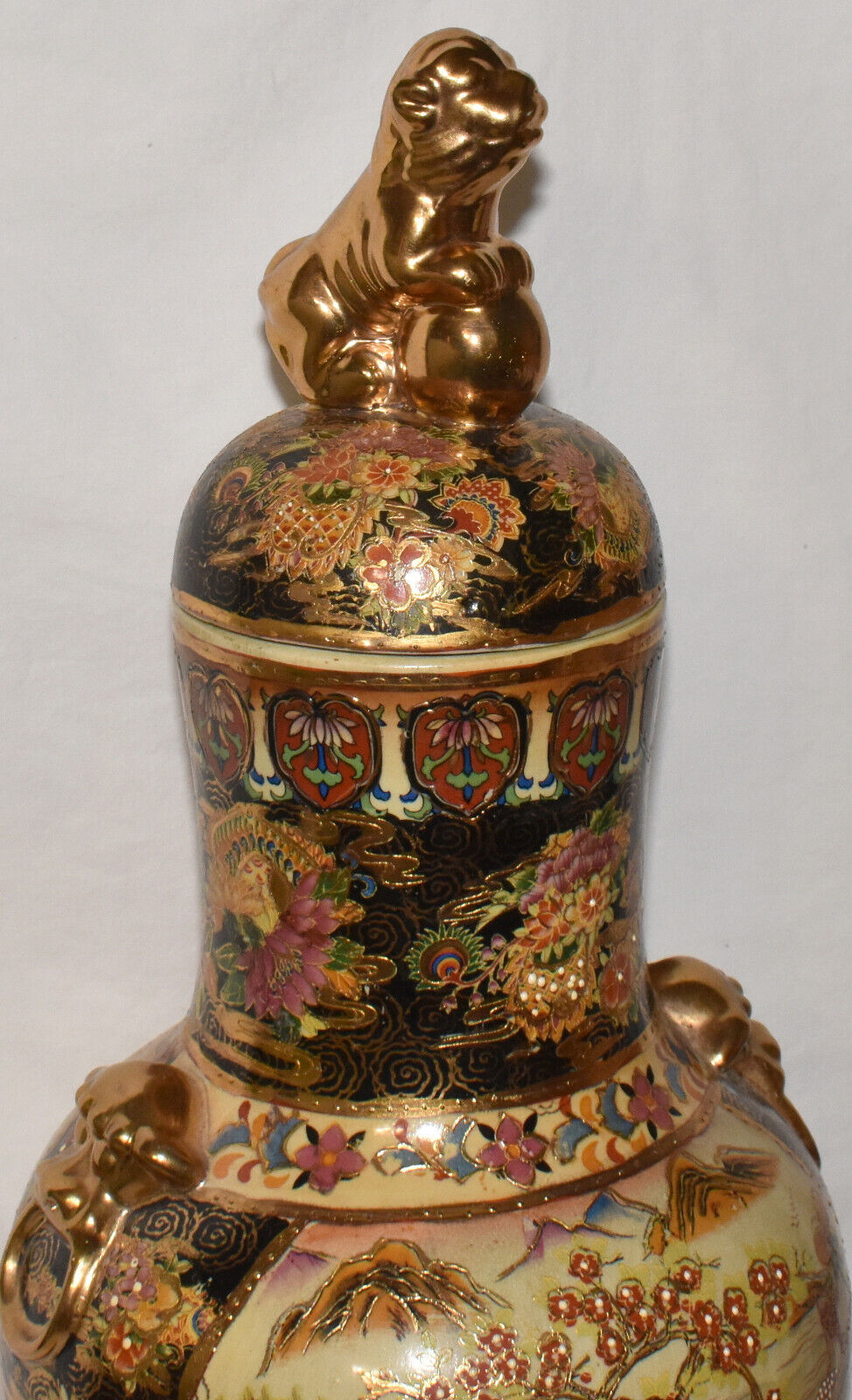 Vintage Japanese Royal Satsuma Famille Noir Foo Lion Urn 21" Hand Painted Urn w/ Lid