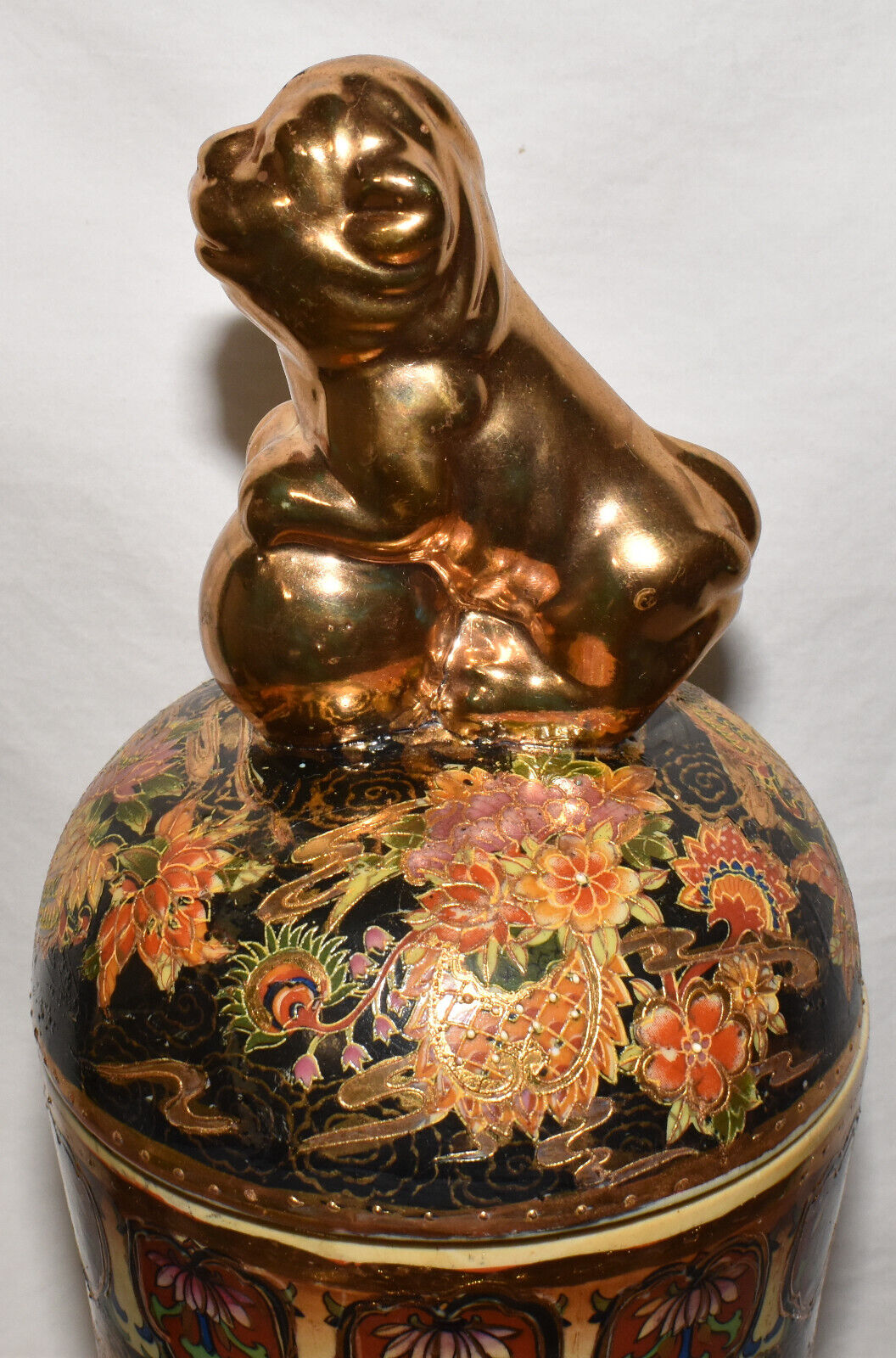 Vintage Japanese Royal Satsuma Famille Noir Foo Lion Urn 21" Hand Painted Urn w/ Lid