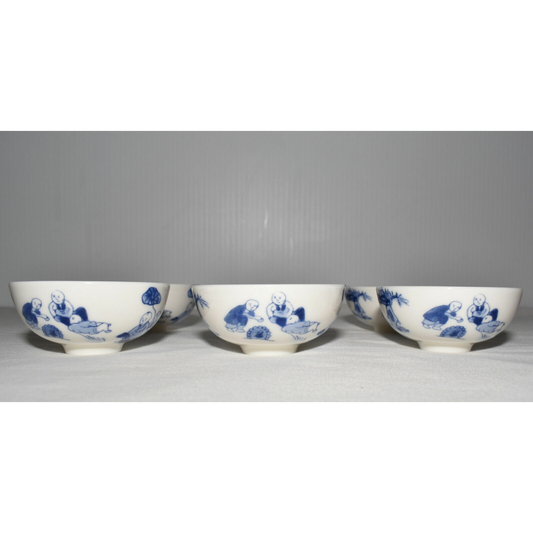 Vintage Japanese Sushi Soy Sauce Bowls 6pc Set Blue White Porcelain Bowls w Figures