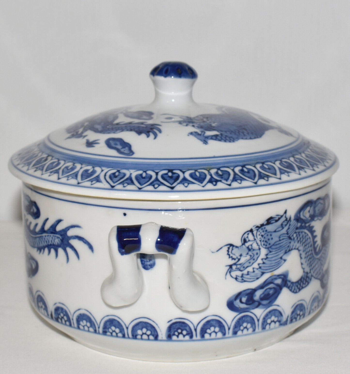 Vintage 1970s Chinese Lidded Bowl w Dragons Blue White Hand Painted Porcelain Dish