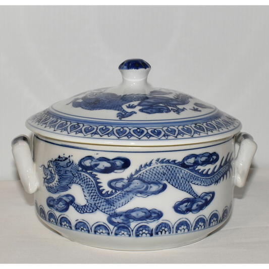 Vintage 1970s Chinese Lidded Bowl w Dragons Blue White Hand Painted Porcelain Dish