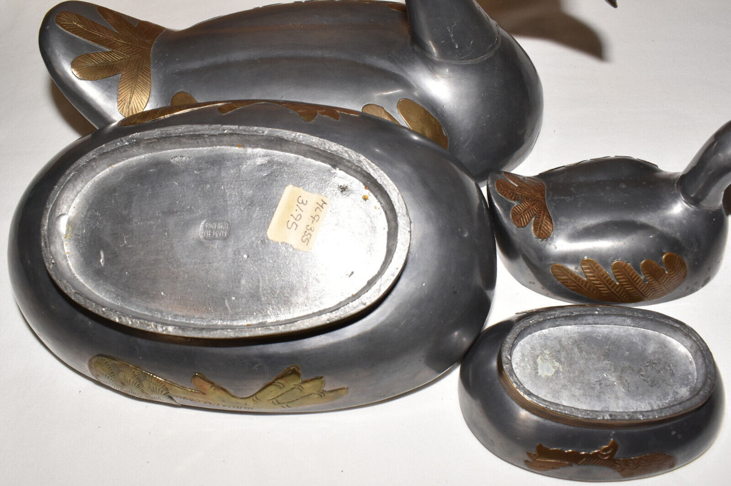 Vintage Hong Kong Duck Trinket Boxes Pewter with Brass Overlay Set of 2 Metal Boxes