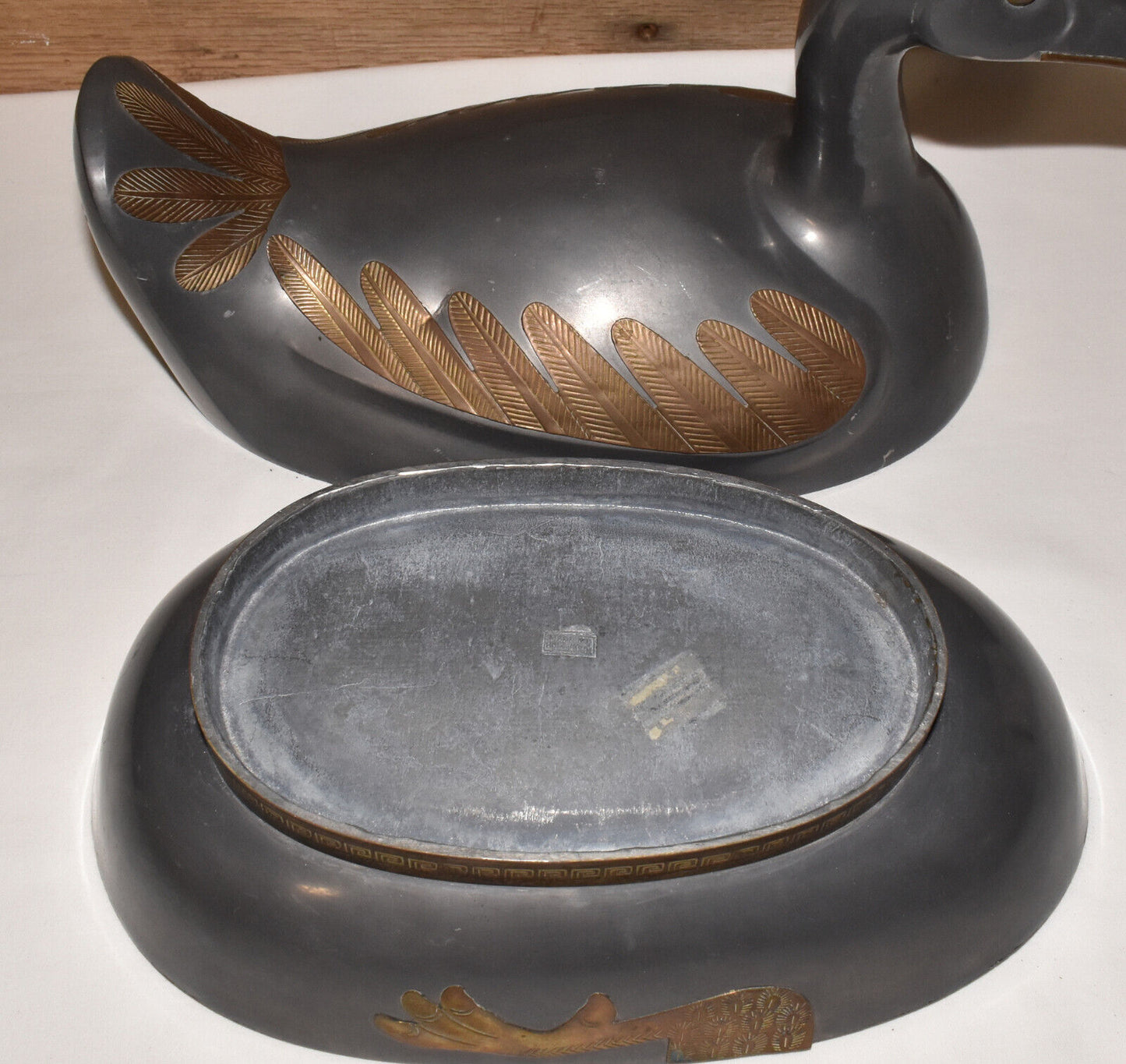 Vintage Hong Kong Large 14" Duck Trinket/Storage Box Pewter with Brass Overlay