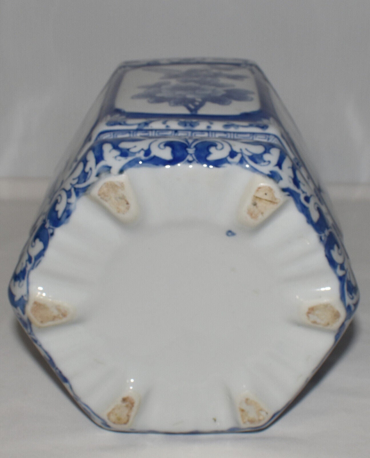 Vintage Chinese Blue White Porcelain Vase 11" Hexagon Jar w Floral & Butterfly Motif