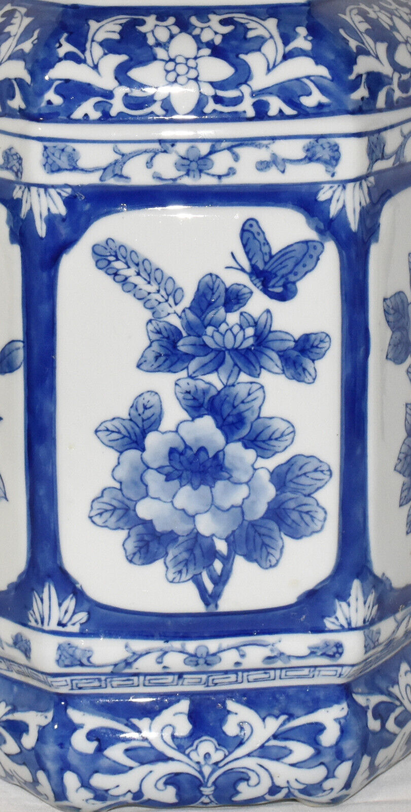 Vintage Chinese Blue White Porcelain Vase 11" Hexagon Jar w Floral & Butterfly Motif