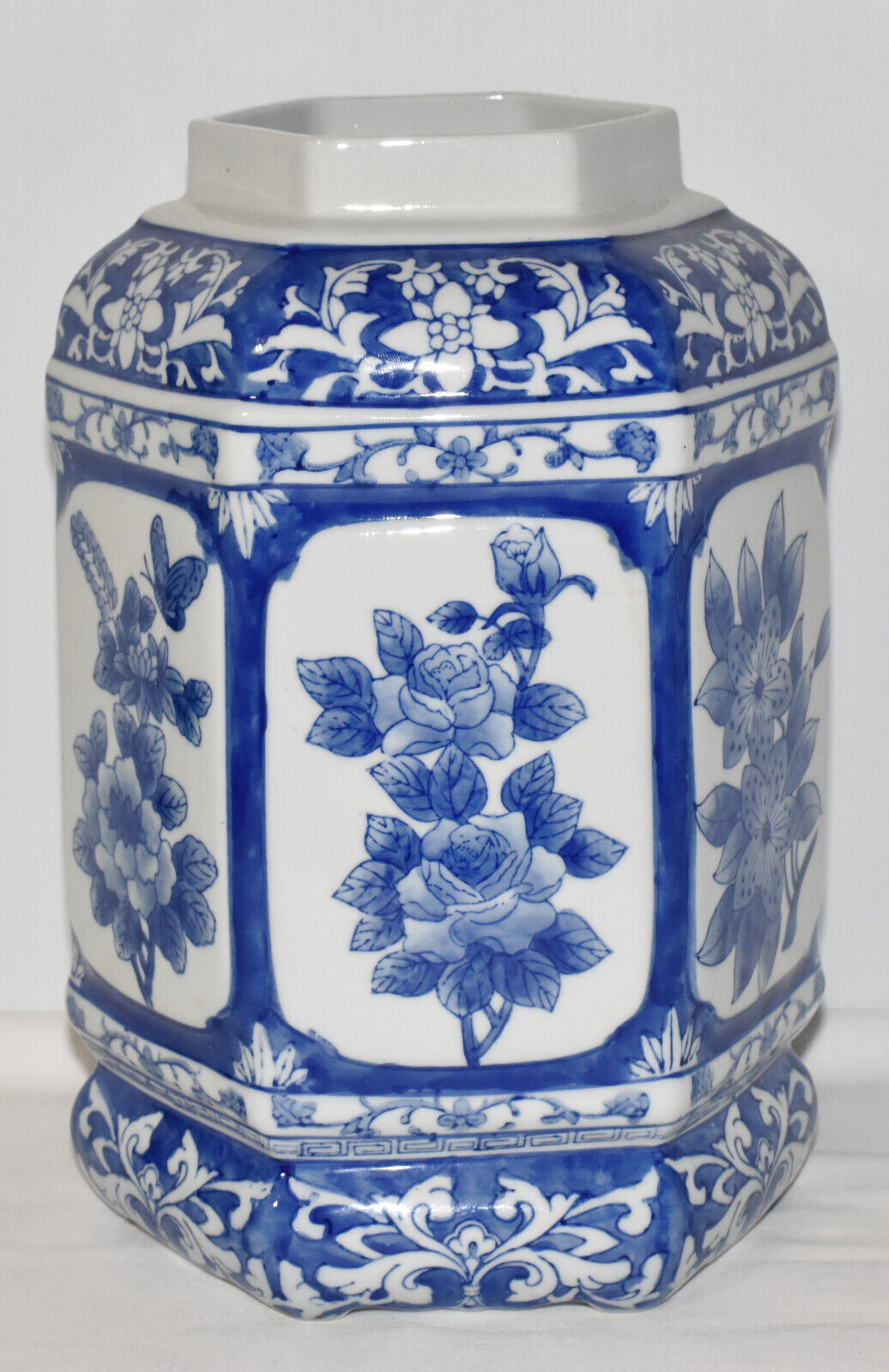 Vintage Chinese Blue White Porcelain Vase 11" Hexagon Jar w Floral & Butterfly Motif