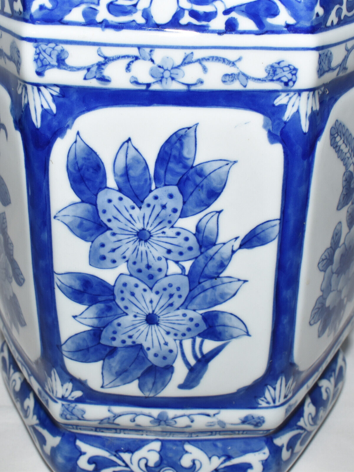 Vintage Chinese Blue White Porcelain Vase 11" Hexagon Jar w Floral & Butterfly Motif