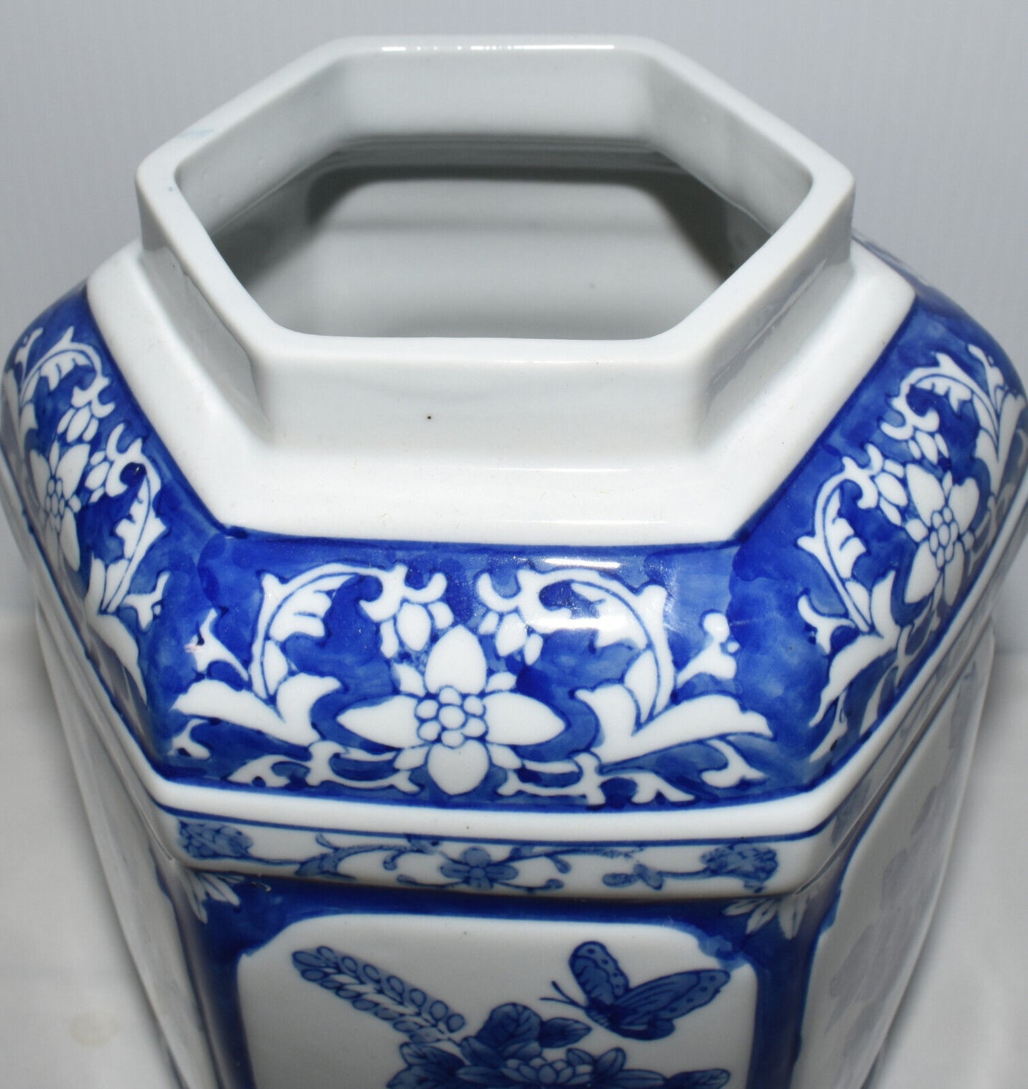 Vintage Chinese Blue White Porcelain Vase 11" Hexagon Jar w Floral & Butterfly Motif