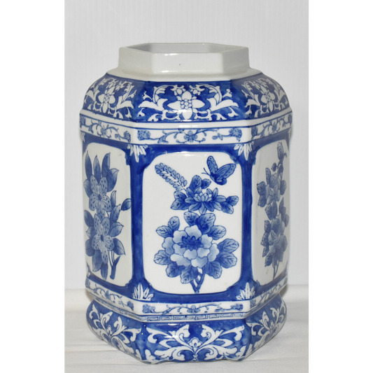 Vintage Chinese Blue White Porcelain Vase 11" Hexagon Jar w Floral & Butterfly Motif