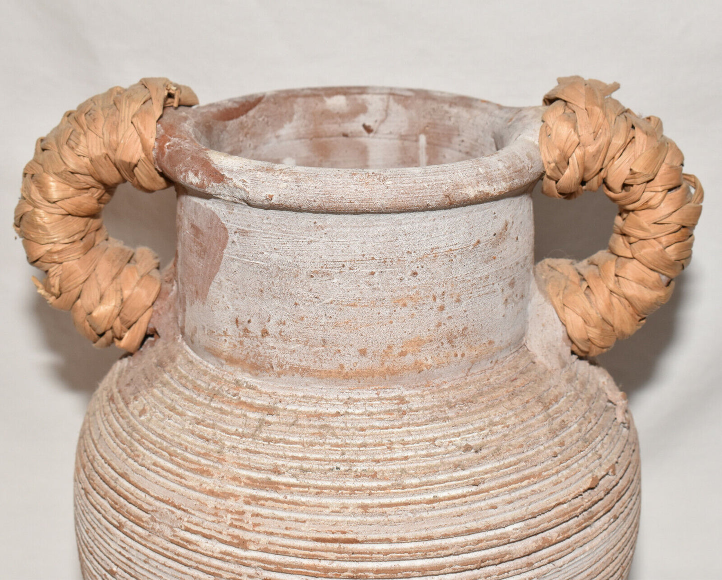 Vintage Terracotta Hand Turned Ribbed Pottery Jug with Bamboo Wrapped Handles