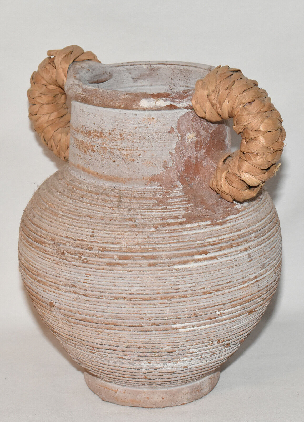 Vintage Terracotta Hand Turned Ribbed Pottery Jug with Bamboo Wrapped Handles