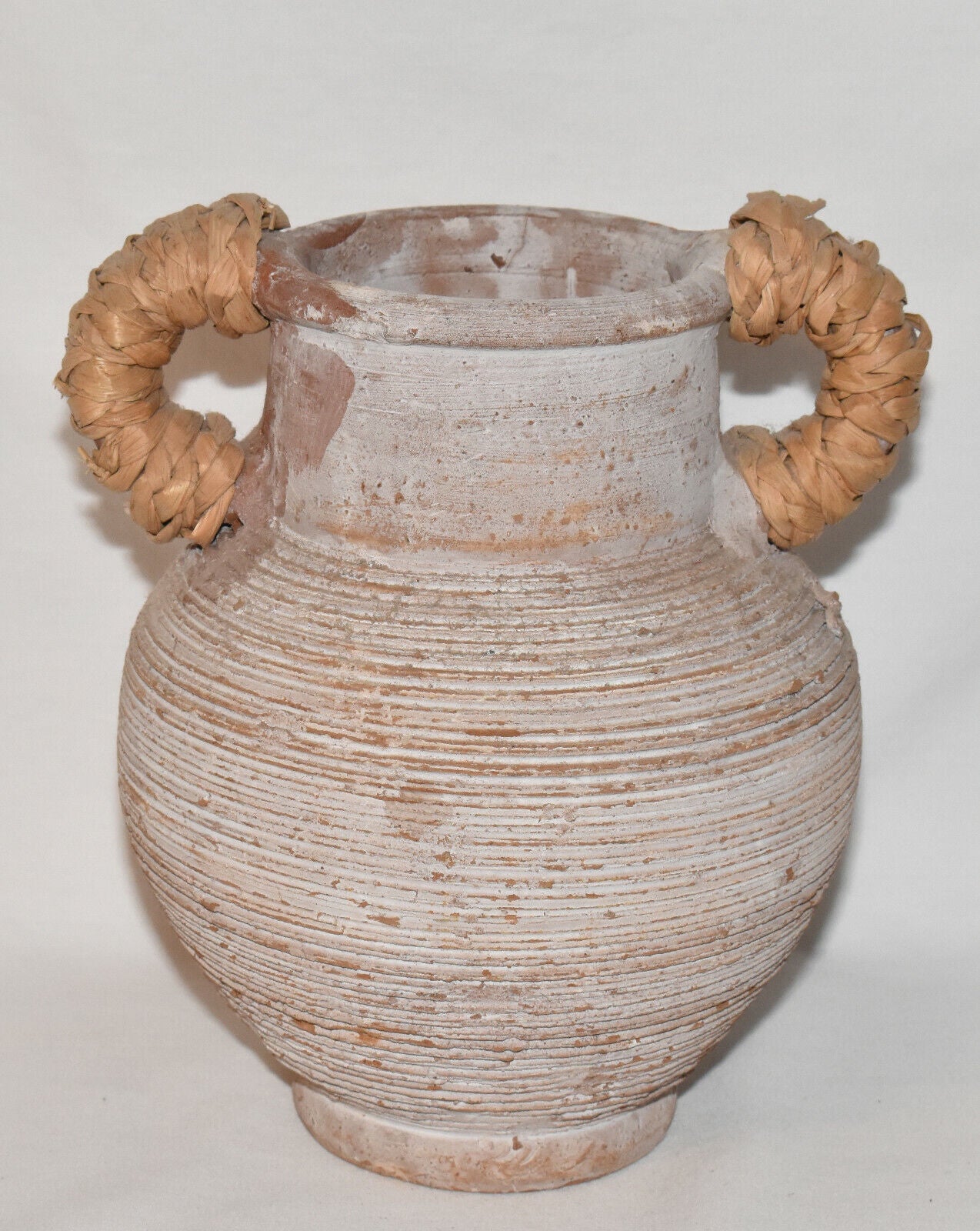 Vintage Terracotta Hand Turned Ribbed Pottery Jug with Bamboo Wrapped Handles