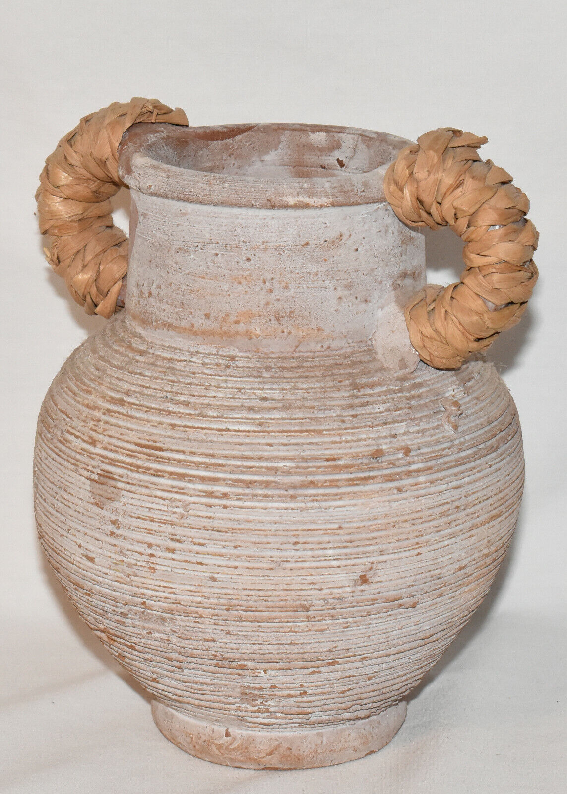 Vintage Terracotta Hand Turned Ribbed Pottery Jug with Bamboo Wrapped Handles