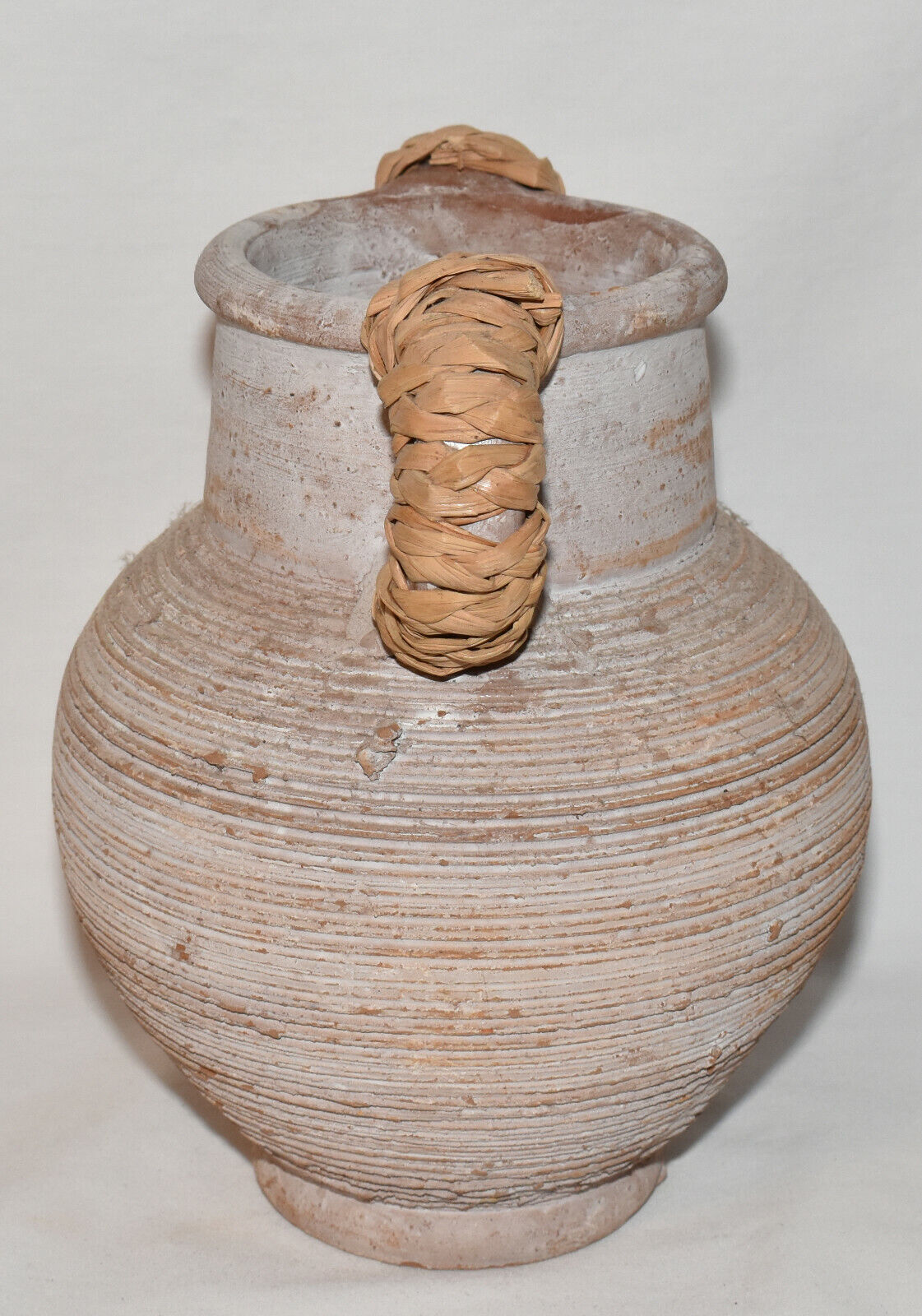 Vintage Terracotta Hand Turned Ribbed Pottery Jug with Bamboo Wrapped Handles