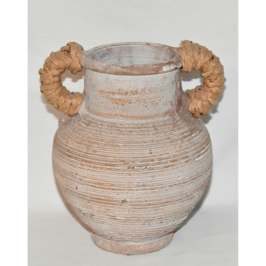 Vintage Terracotta Hand Turned Ribbed Pottery Jug with Bamboo Wrapped Handles