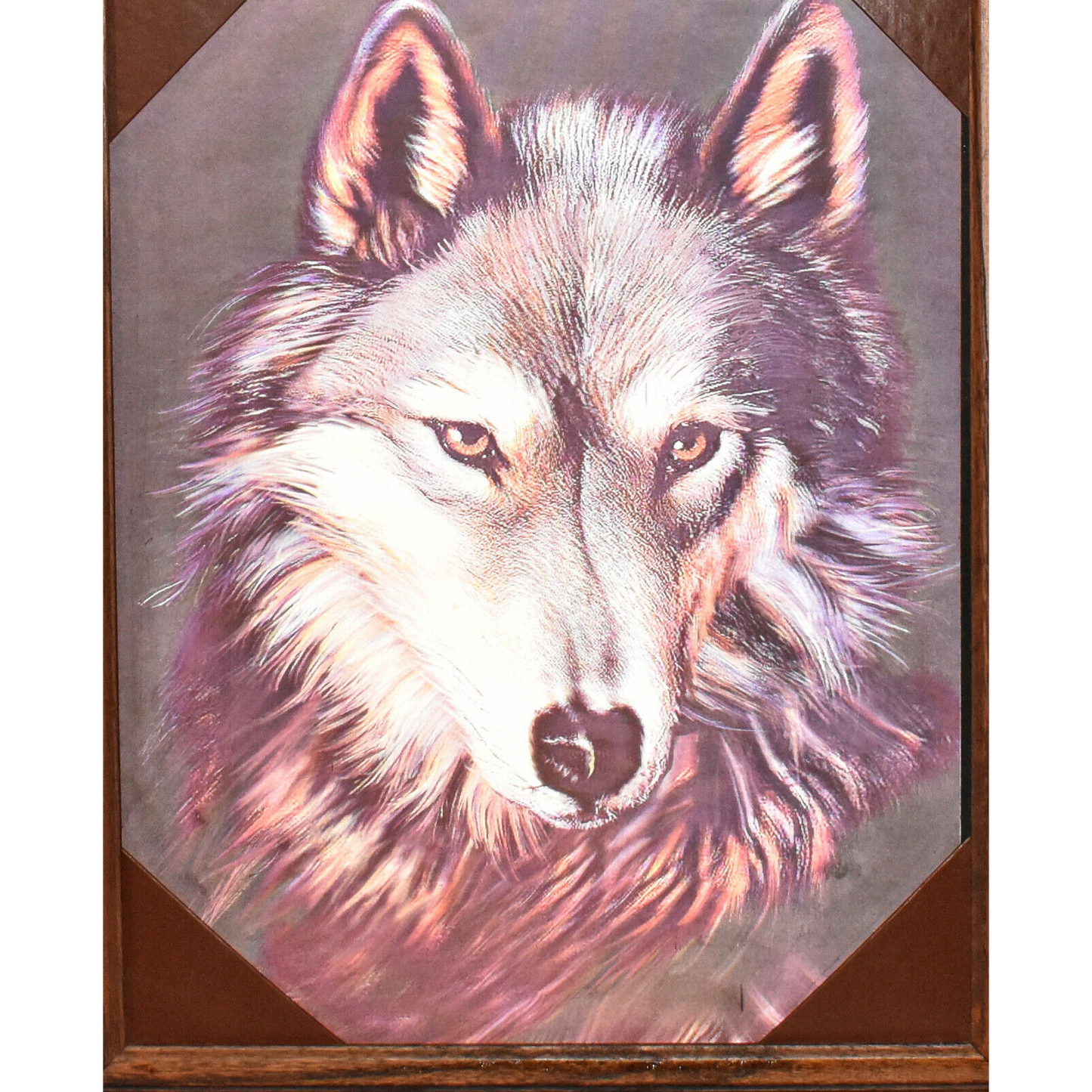 Vintage 3D Lenticular Print of Wolf in Screened Shadowbox Wooden Frame 20" x 16"
