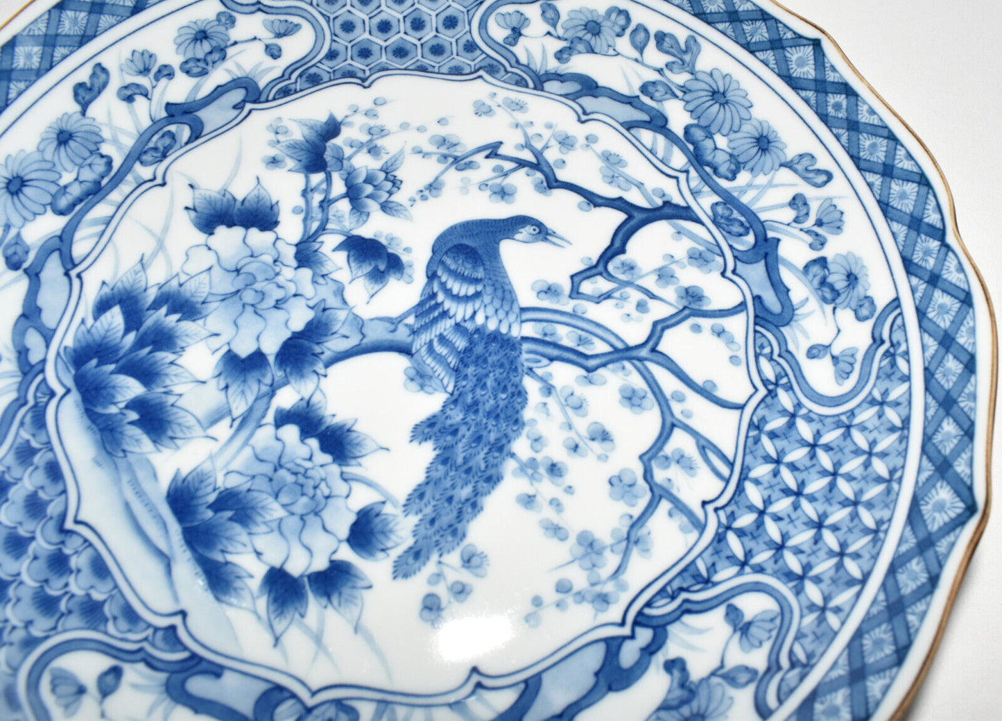 Vintage Japanese Peacock Plate 10" Blue White Ceramic Plate/Bowl Toyo Japan