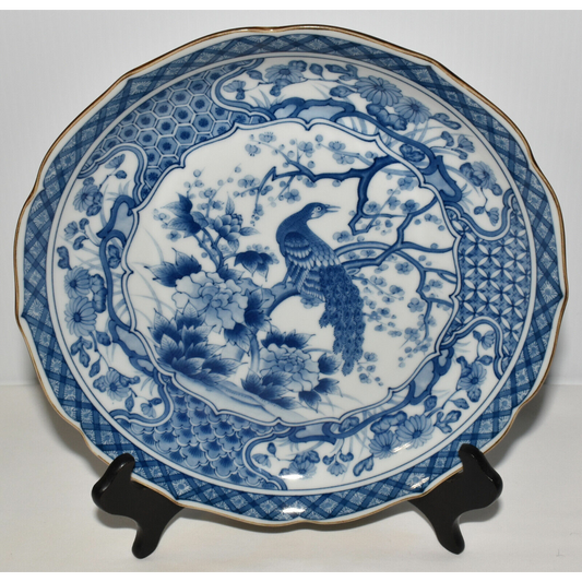 Vintage Japanese Peacock Plate 10" Blue White Ceramic Plate/Bowl Toyo Japan