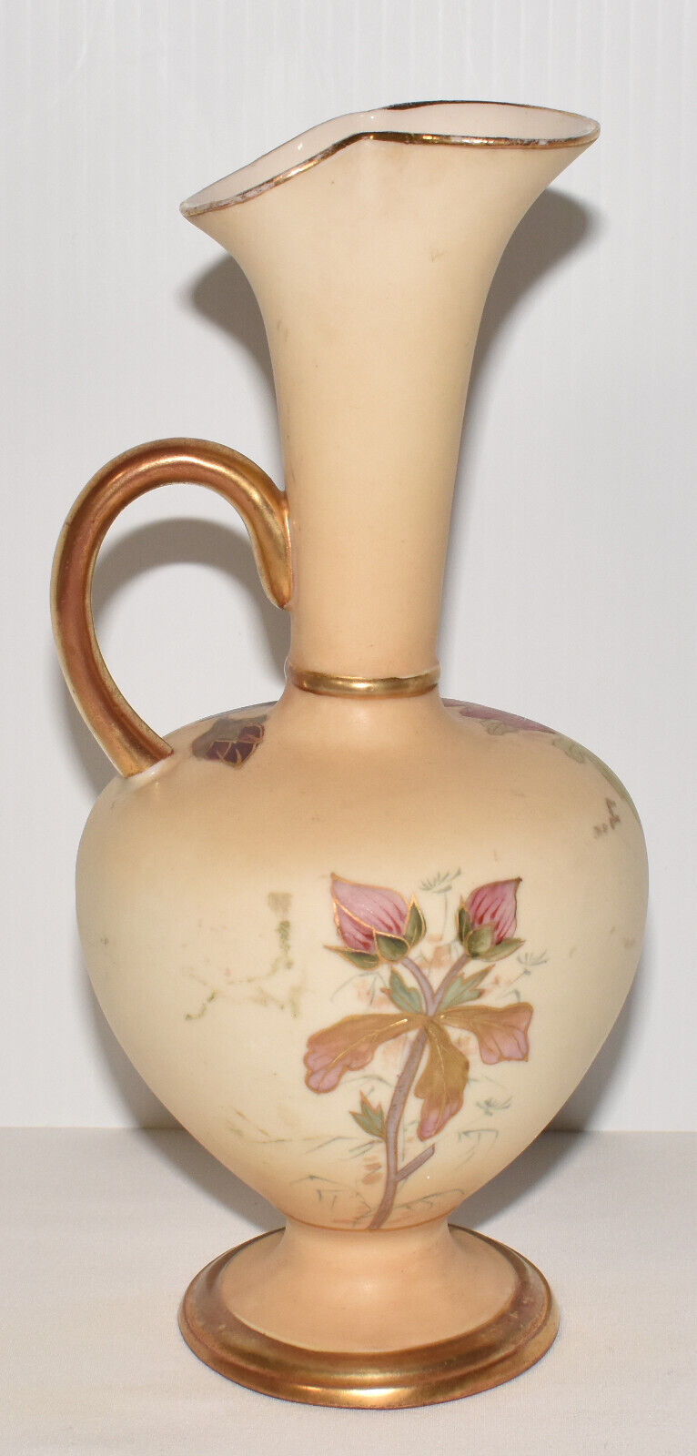 Antique Robert Hanke Porcelain Ewer 9" Blush Pink Floral Vase w Handle Signed