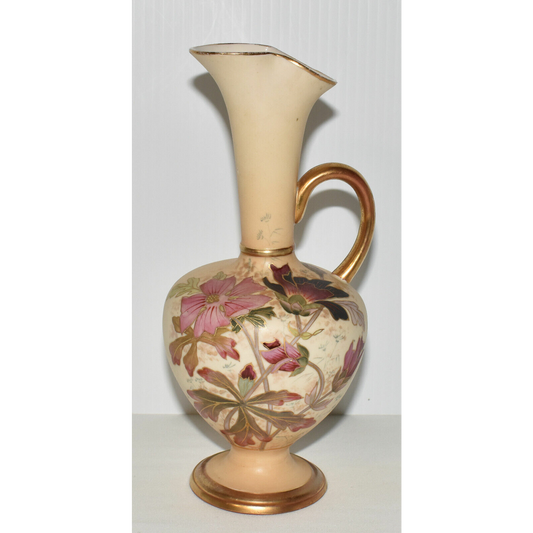 Antique Robert Hanke Porcelain Ewer 9" Blush Pink Floral Vase w Handle Signed