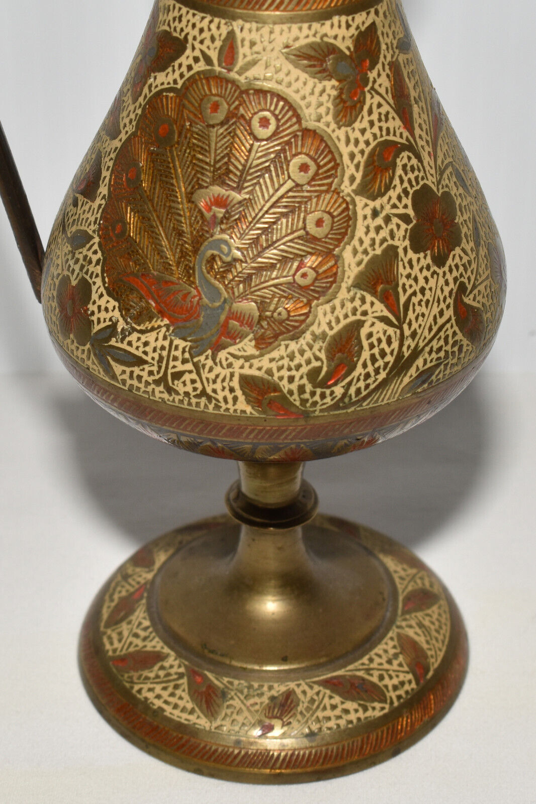 Vintage Etched Brass Pitcher Ewer Peacock & Floral Motif Lg Serpent Handle India