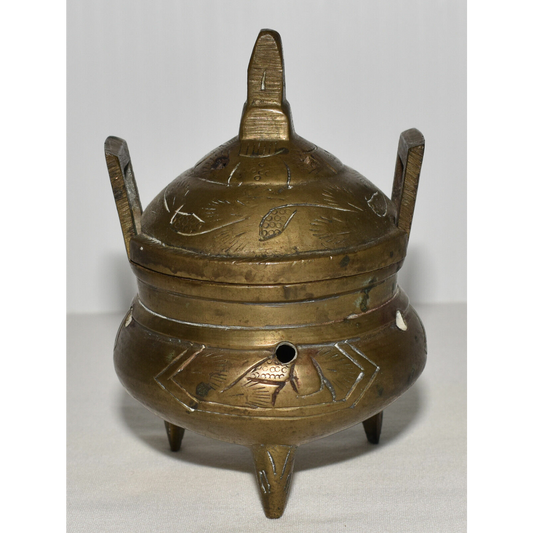 Antique 19C Chinese Brass Censer Solid Brass Incense Burner with Lid Signed