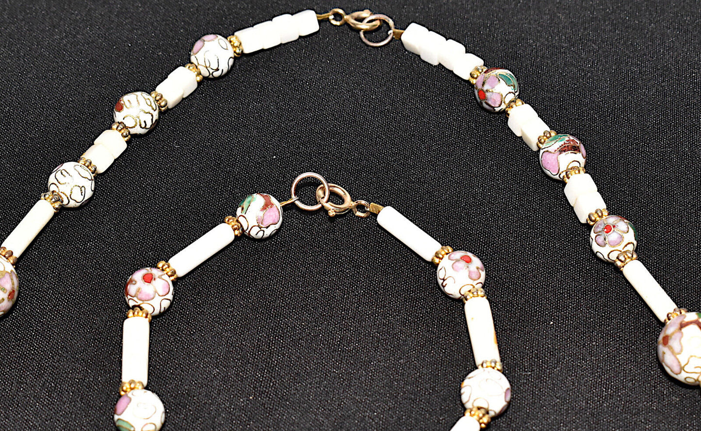 Vintage Murano Venetian 3pc Floral Glass Bead Necklace Set White Pink Green Gold