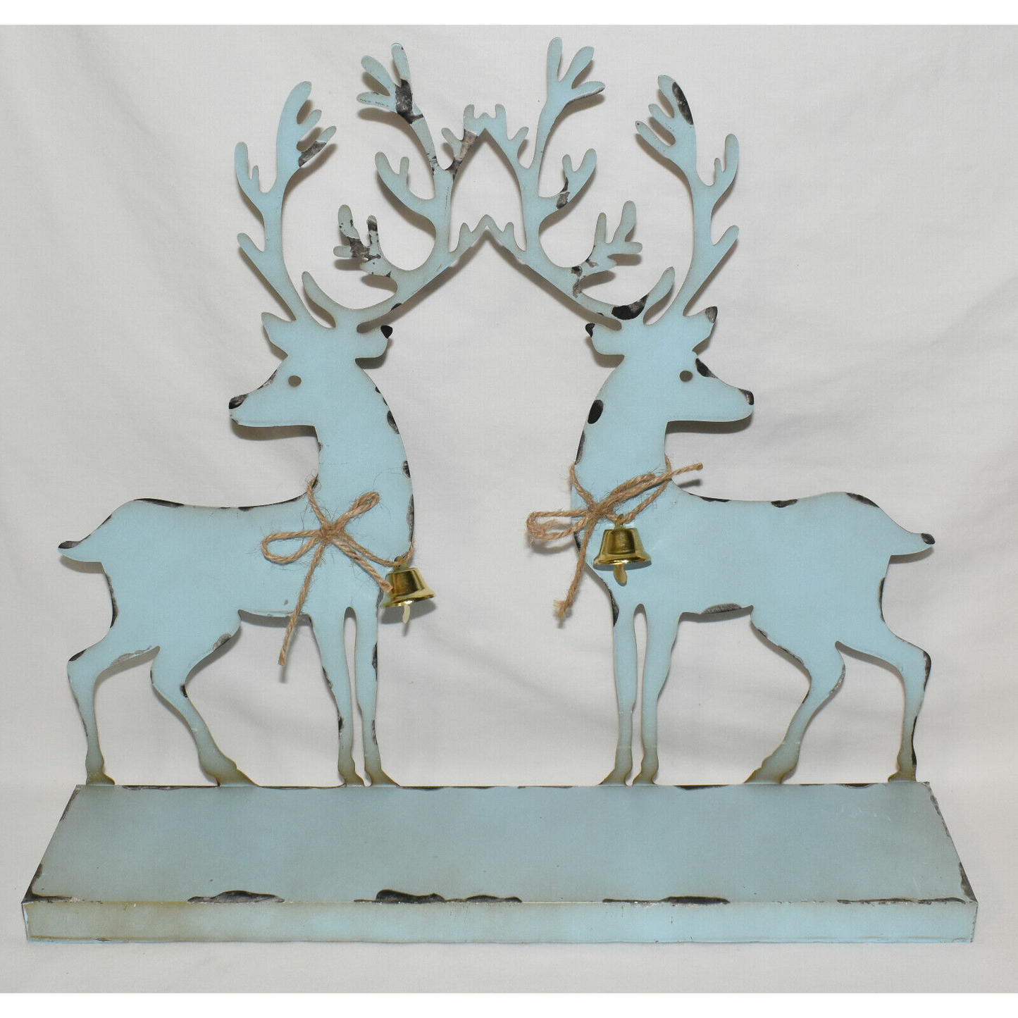 18" Silhouette Reindeer on Stand Blue Sheet Metal Reindeer Figure w Gold Bells