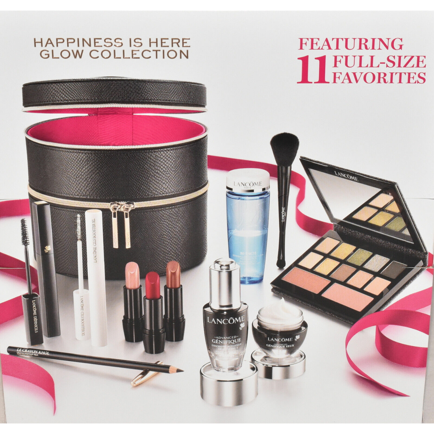 Lancome 12pc Cosmetics Set Zippered Case Serum Lipstick EyeShadow Blush Mascara