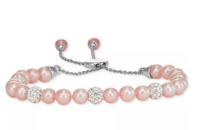 Women Girls Pink Cultured Freshwater Pearl & Crystal SS Bolo Bracelet Gift New