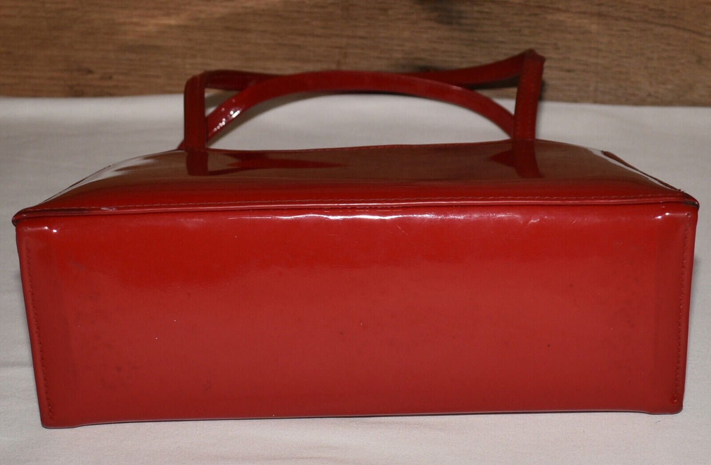 Vintage Red Vinyl Handbag Top Snap Closure Double Carrying Straps Gold Tone Hardware