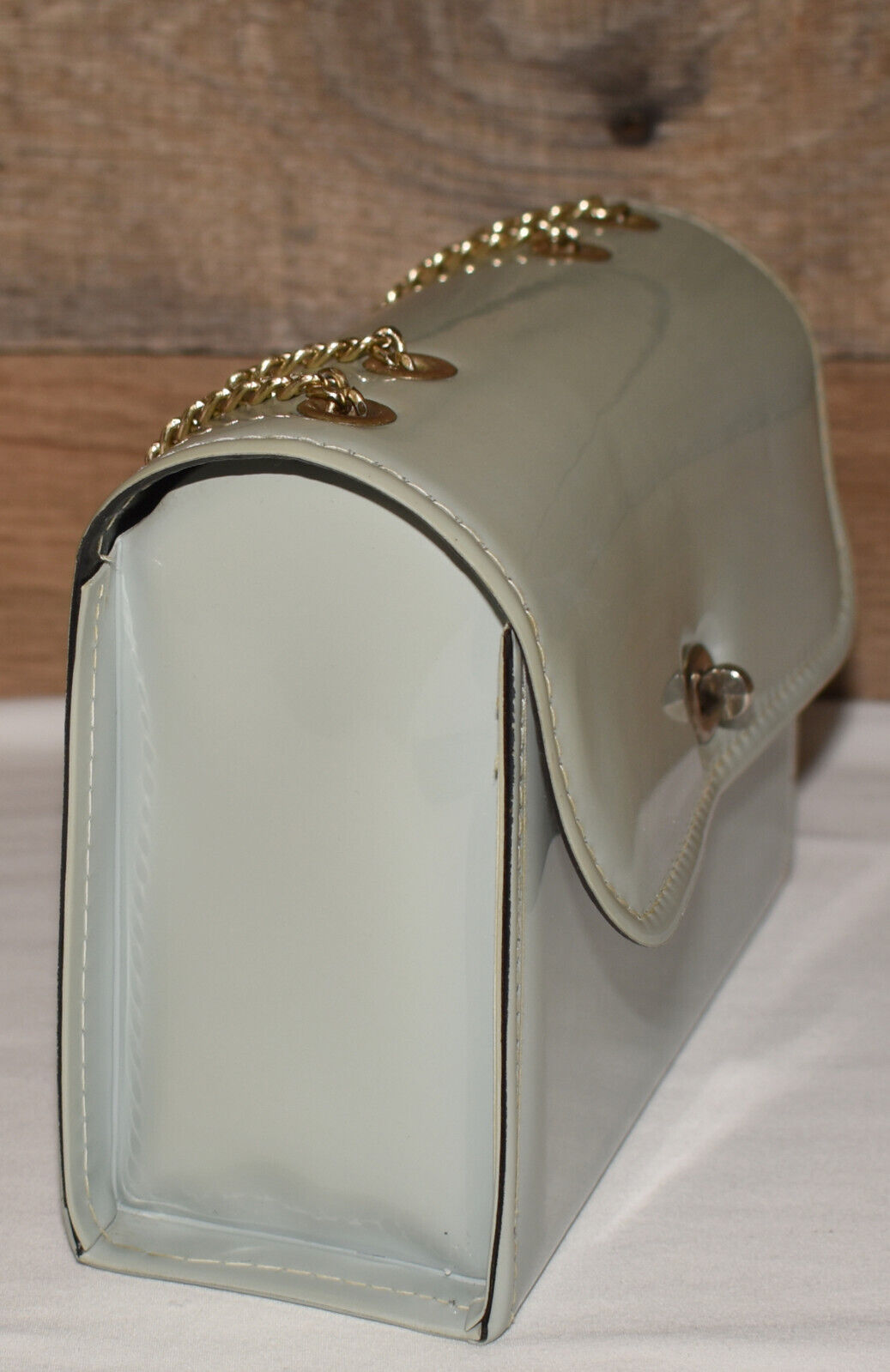 Vintage Blue Vinyl Handbag w Chain Strap Top Fold-Over Flap Silver-Tone Hardware
