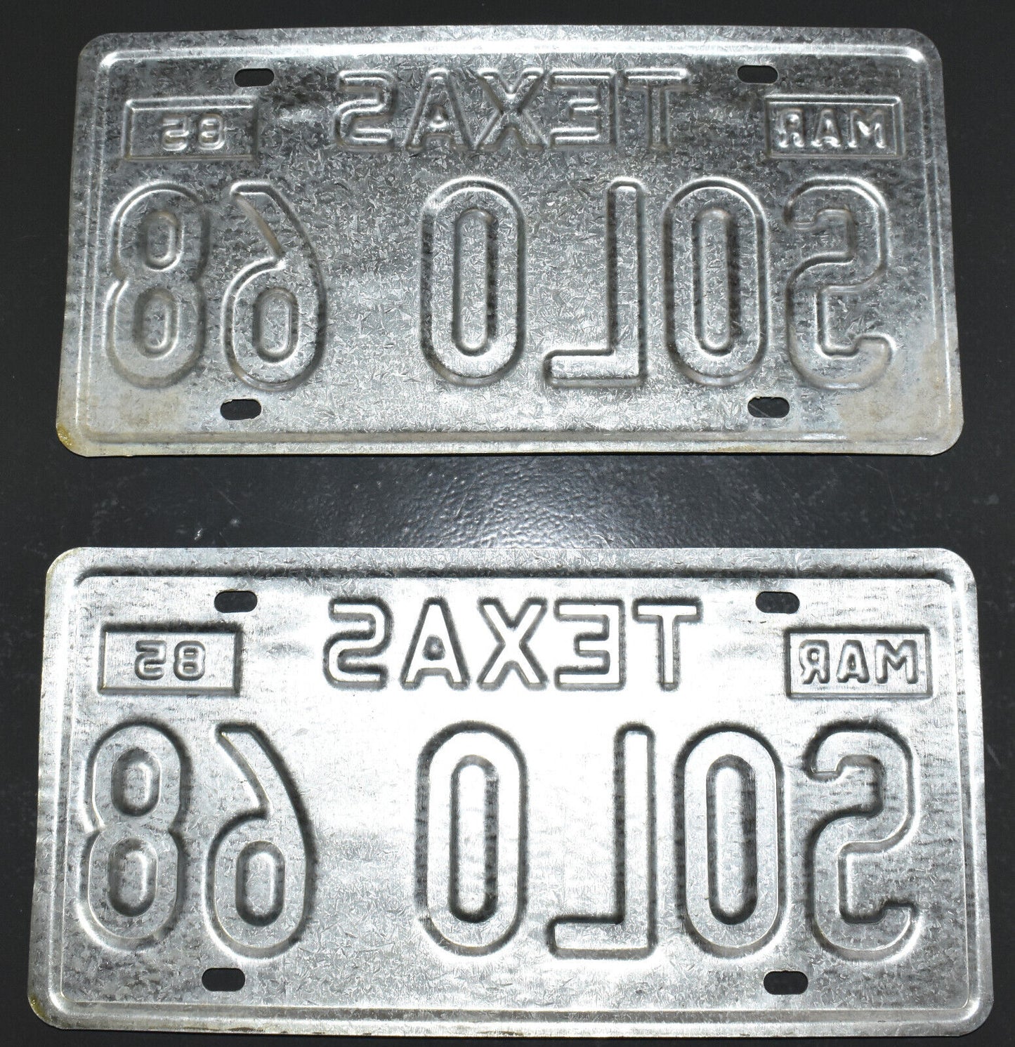 Vintage Personalized License Plates Texas SOLO68 Pair 1985