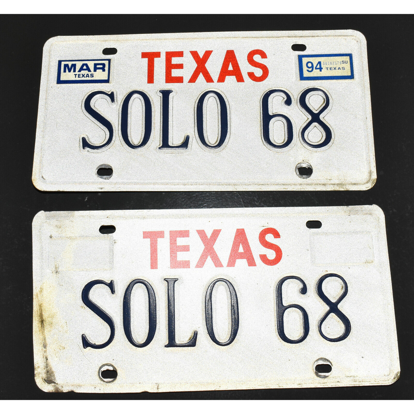 Vintage Personalized License Plates Texas SOLO68 Pair 1994