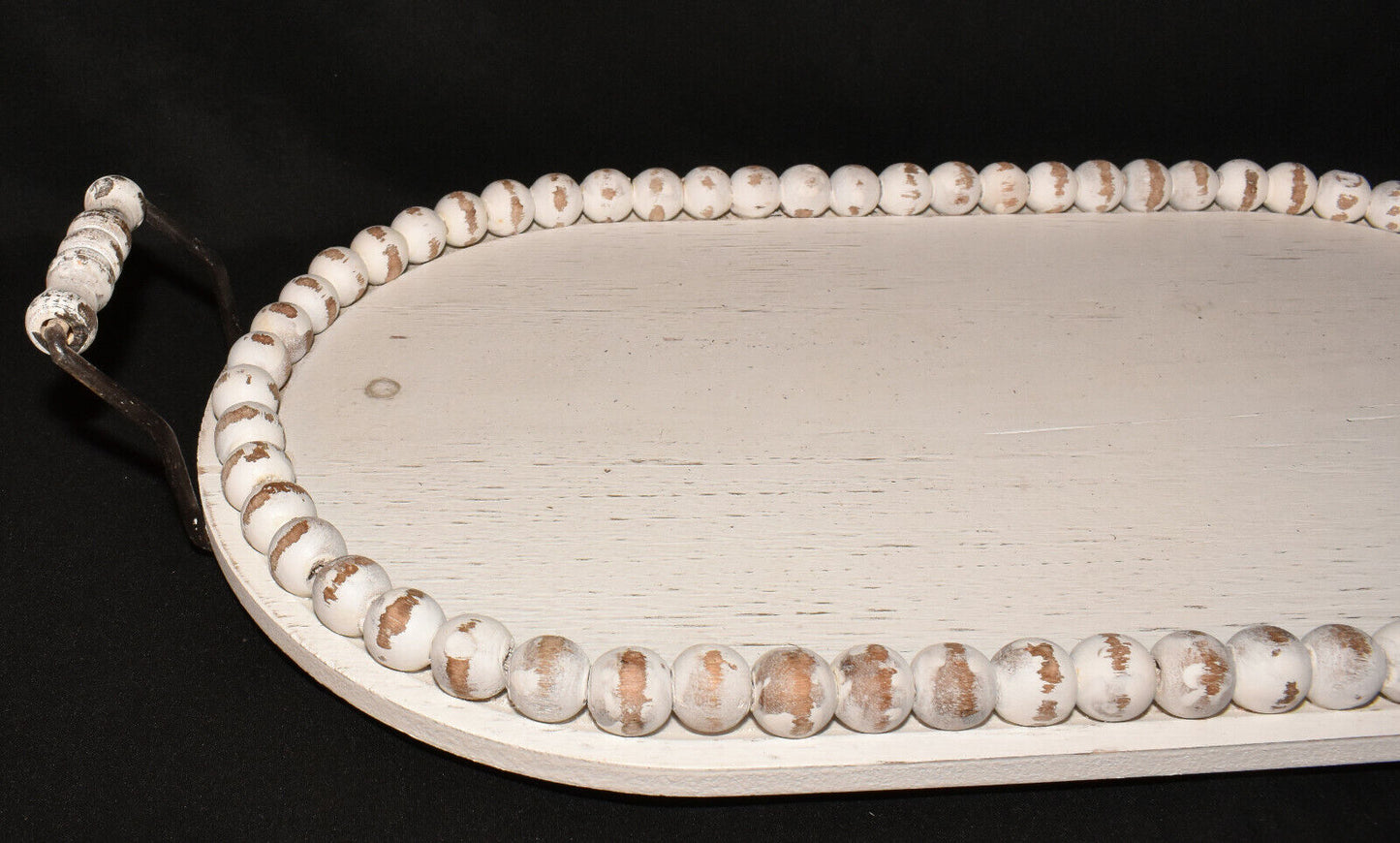 20" Rustic White Beaded Tray Footed Wooden Handles Farmhouse Cottage Home Decor