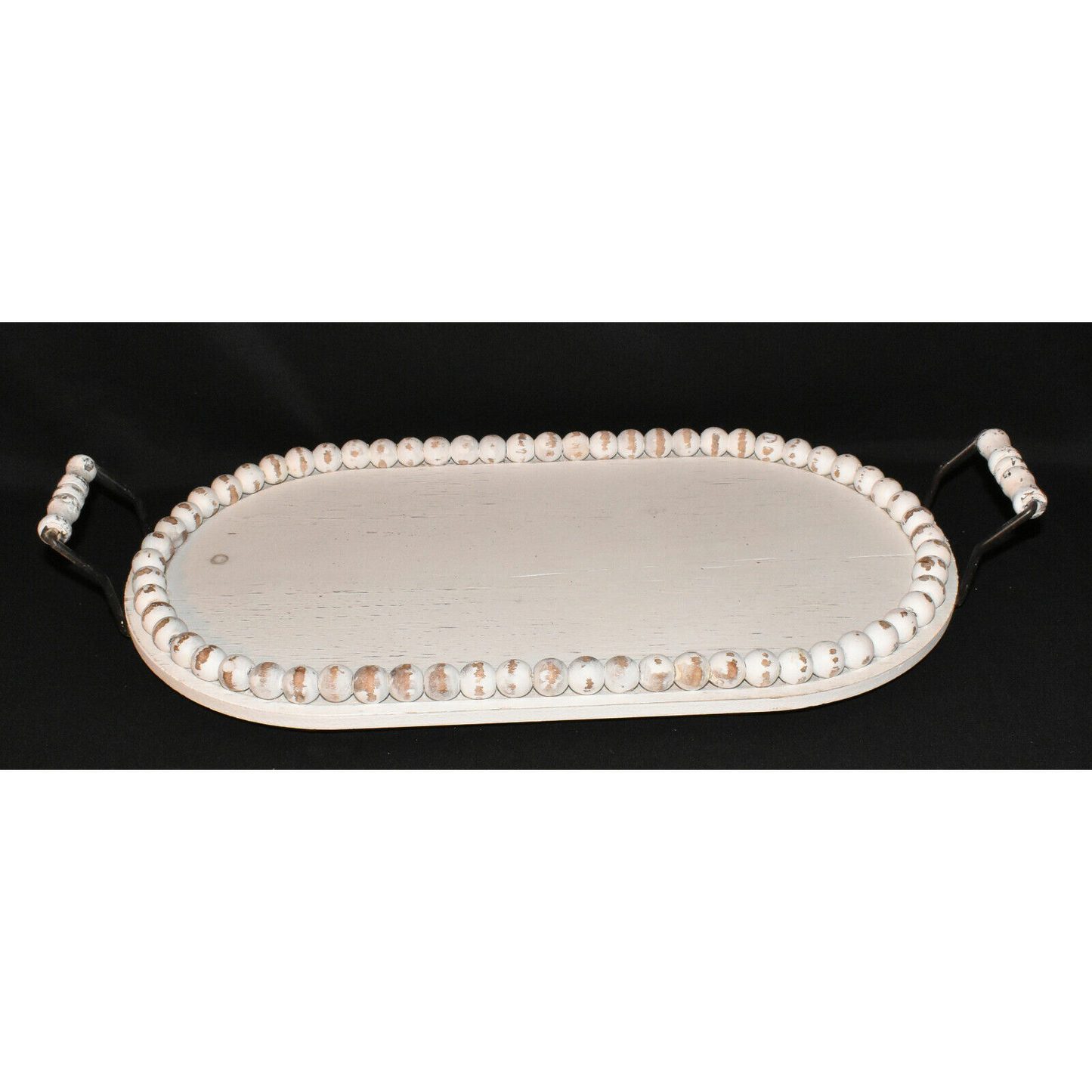 20" Rustic White Beaded Tray Footed Wooden Handles Farmhouse Cottage Home Decor