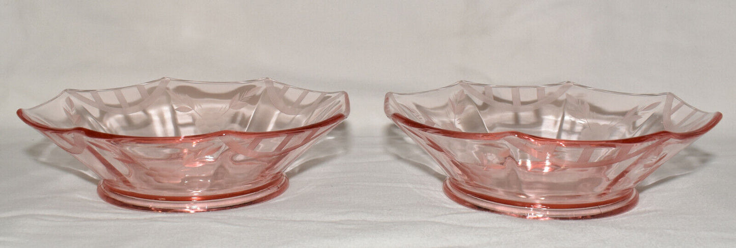 Pair Vintage Pink Glass Octagon Bowls Etched Floral Design Pinstripe Pattern
