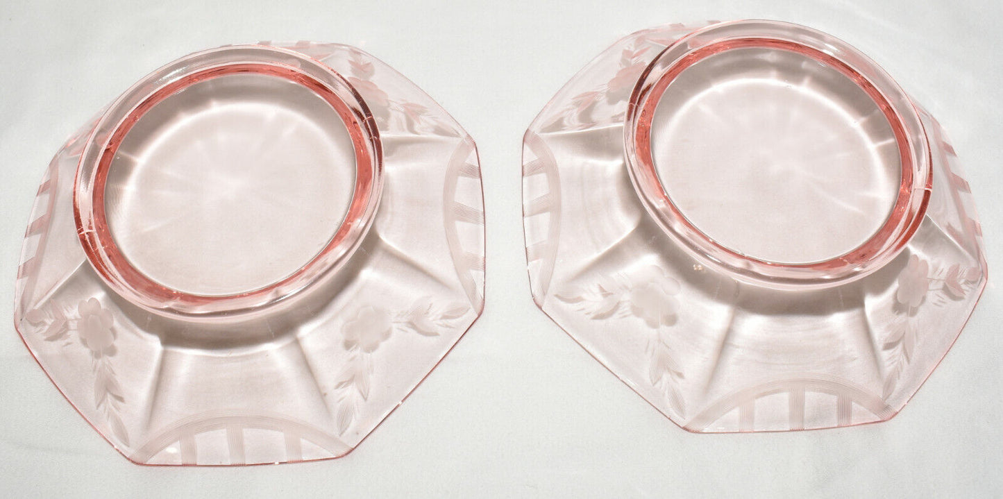 Pair Vintage Pink Glass Octagon Bowls Etched Floral Design Pinstripe Pattern